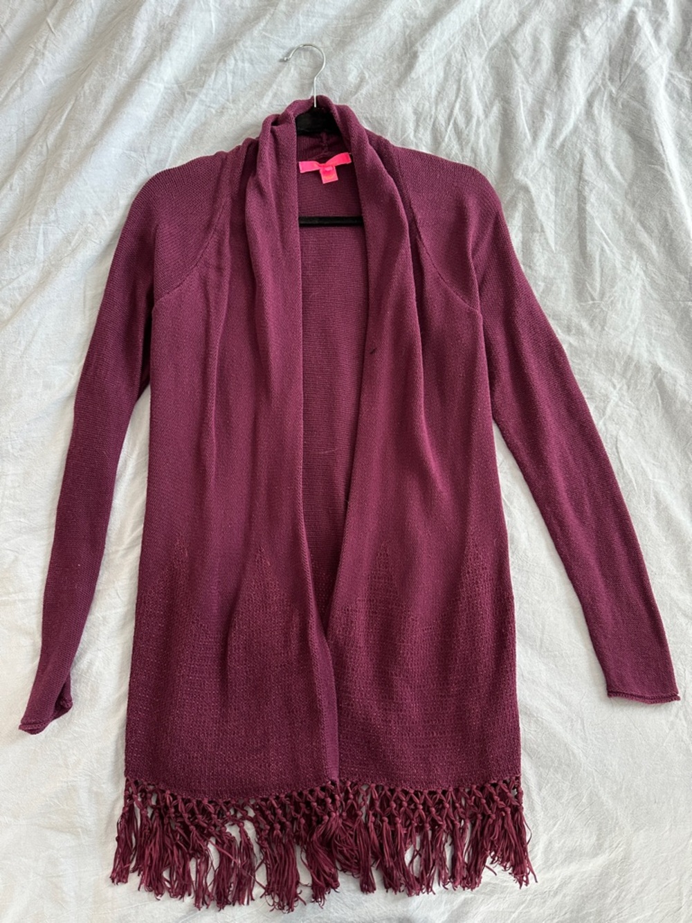 Lilly Pulitzer Burgundy Open-Front Fringe Cardigan